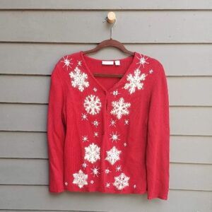 Nordstrom Red/White Beaded Snowflake Cardigan Sweater